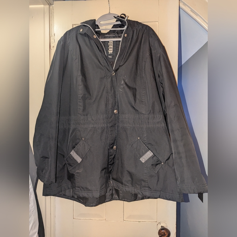 Details Black Hooded Zip-Up Parka Raincoat